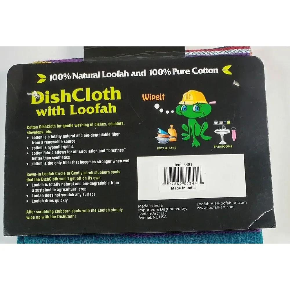 Kitchen Dishcloth Blue 100% Natural Cotton With Built In Loofah Scrubber